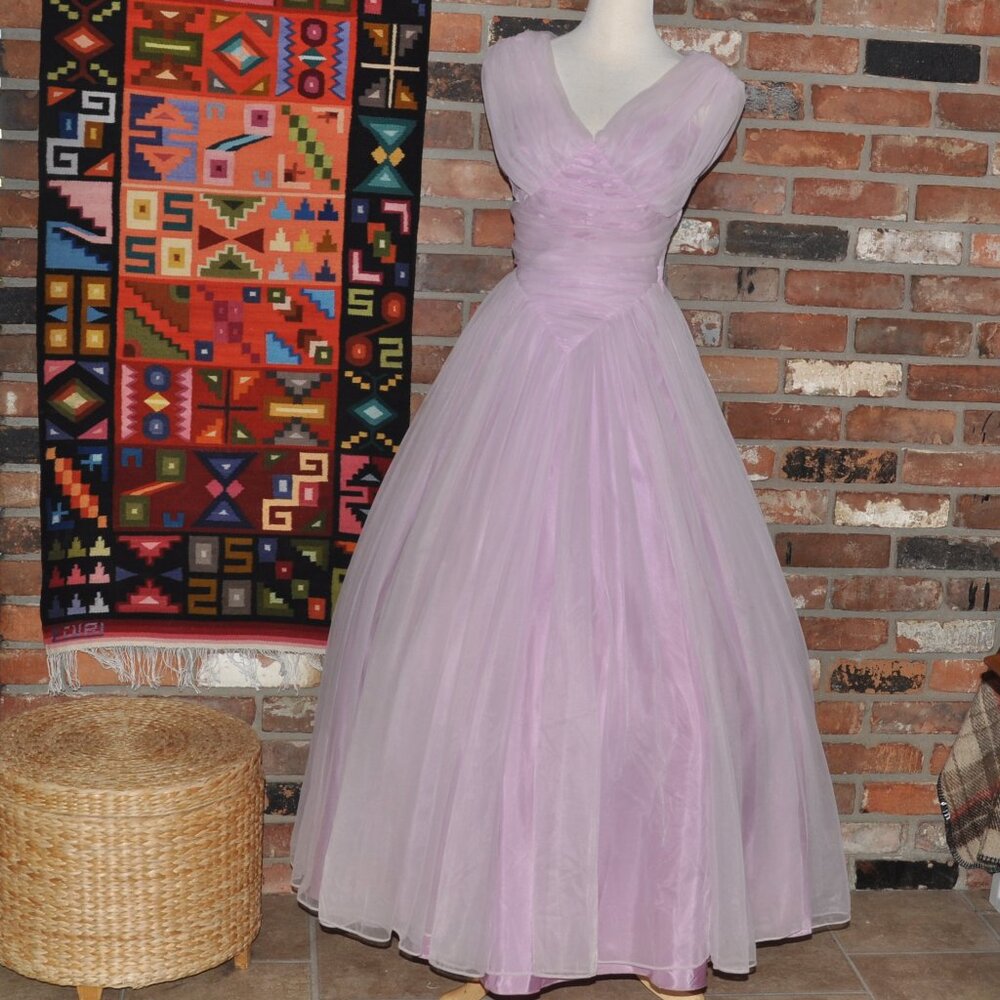 Vintage 50s Pink Ruched Tulle Layer Crinoline Grad Prom Gown Dress XS Waist 24"